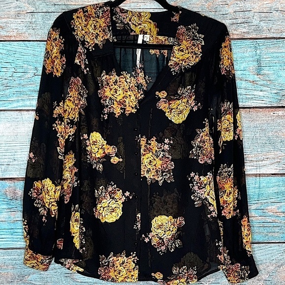 Bellatrix Floral Blouse S Semi Sheer Top Button Up Quilted Silky Long Sleeves - Picture 1 of 12